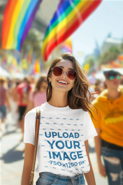 Mockup of a Smiling Woman Wearing a T-Shirt and Sunglasses at an LGBT Pride March