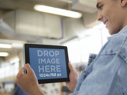 Man Using a Black iPad at Industrial Warehouse Stock Photo Template