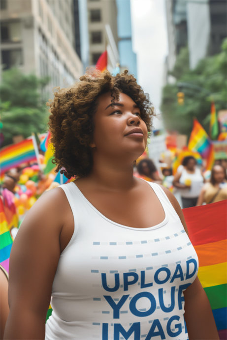 Mockup of a Woman with Curly Hair Wearing a Plus Size Tank Top for Pride Month