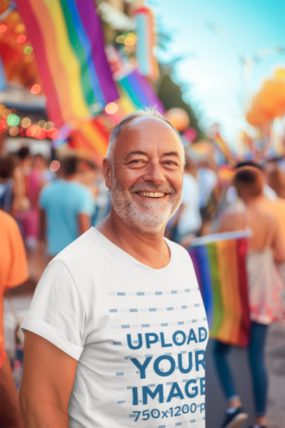 AI-Created Mockup of a Bearded Senior Man Wearing a Tee at a Gay Pride Protest