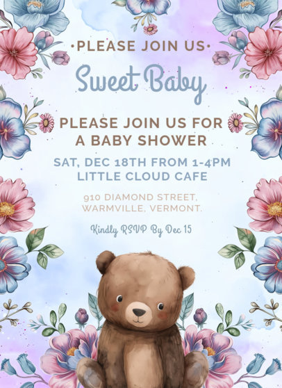 Greeting Card Template for a Baby Shower Event Featuring a Bear Illustration