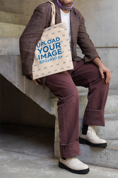 Mockup of a Cropped-Face Person Leaning on a Staircase and Carrying a Tote Bag m39797