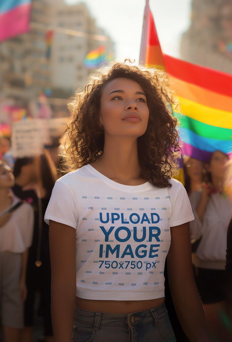 Mockup of a Woman with Curly Hair Wearing a Crop Top at a Gay Pride Parade