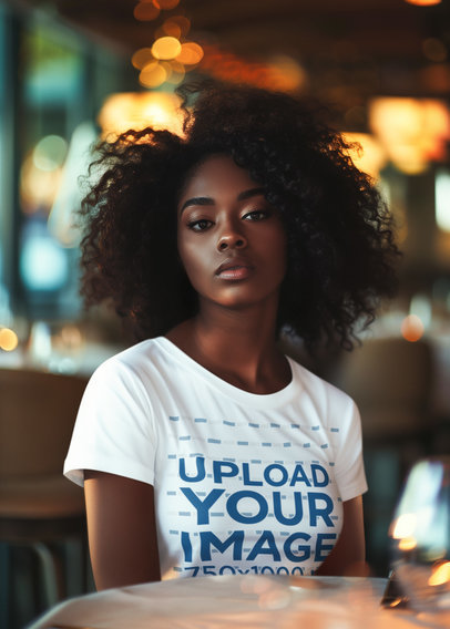 Old Money-Inspired Mockup Featuring a Woman with Curly Hair Wearing a T-Shirt