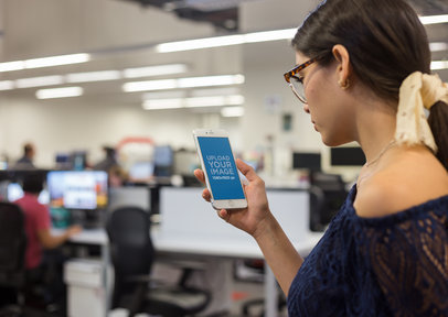 Silver iPhone Mockup Featuring a Supervisor Walking at a Call Center a21444