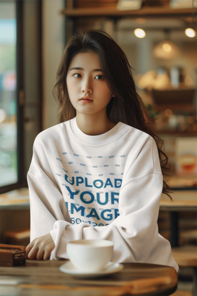 Old Money-Style Mockup of a Woman Created by AI Wearing a Sweatshirt at a Coffee Shop