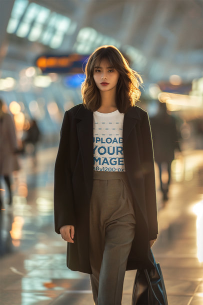 AI-Created T-Shirt Mockup of a Woman Walking Through an Airport