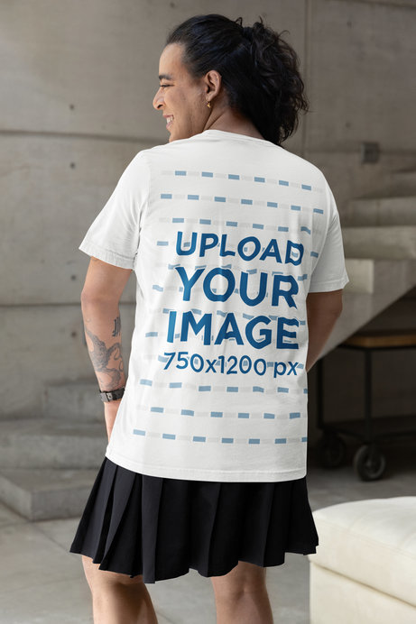Back-View Bella Canvas Mockup Featuring a Smiling Person Wearing a T-Shirt