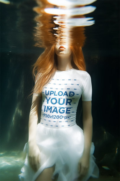 AI-Generated Mockup Featuring a Woman Wearing a T-Shirt Underwater