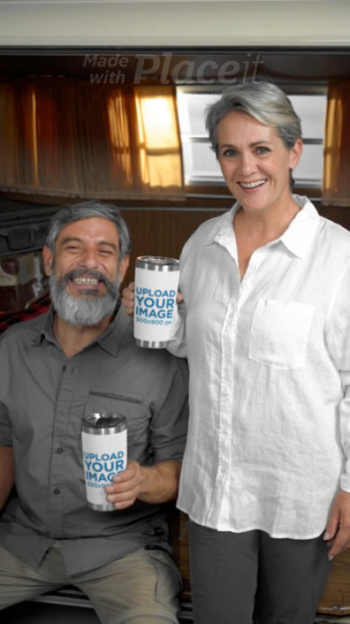 Travel Mug Video Featuring a Senior Man and Woman in a Camping House