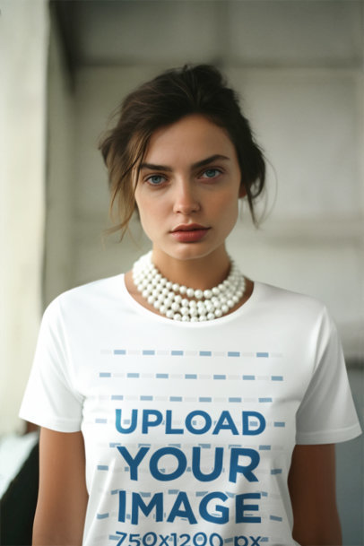 Old Money-Inspired Mockup of a Woman Wearing a T-Shirt and a Pearl Necklace