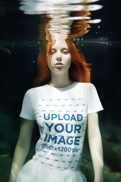AI-Created T-Shirt Mockup Featuring a Woman Posing Underwater
