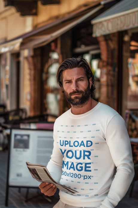 Old Money-Inspired Sweatshirt Mockup of a Bearded Man Reading a Newspaper
