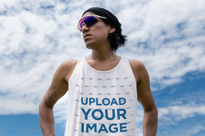 Mockup of a Runner Wearing a Tank Top and Colorful Sunglasses