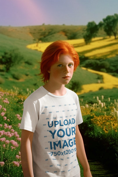 T-Shirt Mockup of a Kid Standing at a Green Field Inspired by a Retro Wizard Movie