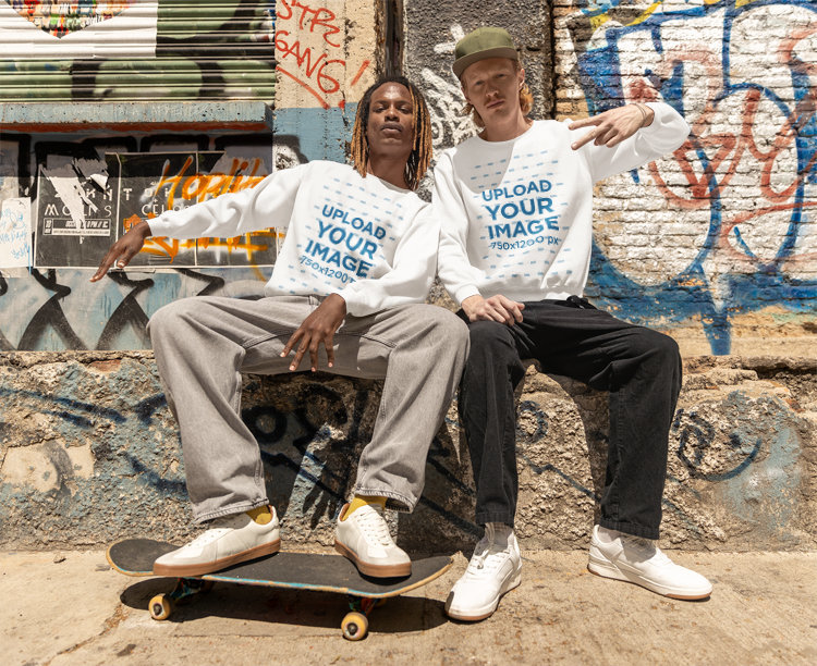 Hip Hop-Inspired Mockup of Two Men Sitting Together and Wearing Matching Sweatshirts