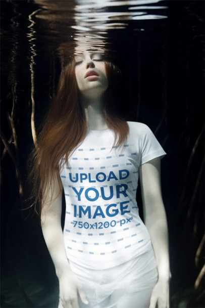 T-Shirt Mockup Featuring an AI-Generated Serious Woman Posing Underwater