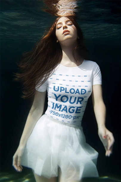 AI-Generated Mockup of a Woman Wearing a Tee Underwater