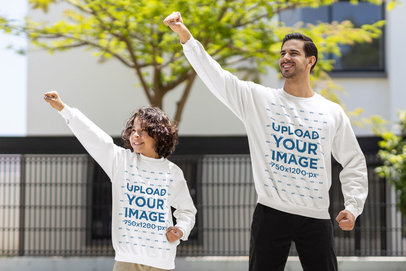 Gildan Sweatshirt Mockup of Happy Boy and Man in a Superhero Pose for Father's Day