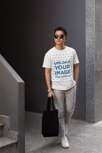 Round-Neck Gildan T-Shirt Mockup of a Man Wearing Sunglasses