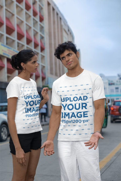 Mockup of a Woman and a Man Wearing Matching Gildan Round-Neck T-Shirts