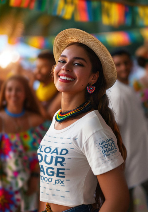 Crop Top T-Shirt Mockup of an AI-Created Happy Woman Celebrating Festa Junina