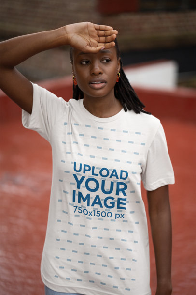 Bella Canvas T-Shirt Mockup Featuring a Woman With a Worried Look