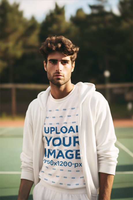 T-Shirt Mockup of an AI-Created Man With an Old Money Fashion Look Standing on a Tennis Court