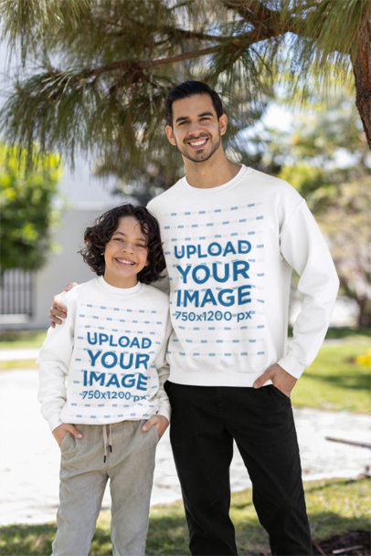 Gildan Sweatshirt Mockup Featuring a Boy and a Man Posing for Father's Day