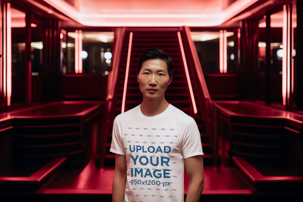 T-Shirt Mockup Featuring an AI-Generated Man in a Movie Vibes-Inspired Setting