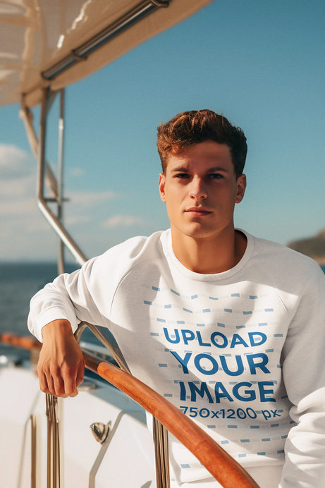Sweatshirt Mockup Featuring an AI-Created Man in an Old Money Fashion Style Posing in a Yacht