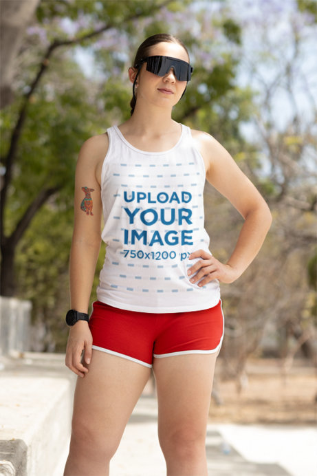 Mockup of a Female Runner Posing in a Bella Canvas Tank Top