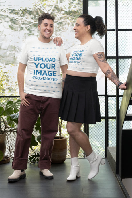 Bella Canvas Crop Top and T-Shirt Mockup Featuring Two Persons Posing With Happy Looks