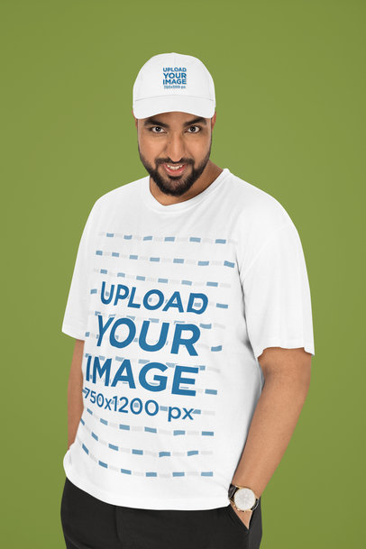 Mockup of a Bearded Man Wearing a Plus Size Tee and a Dad Hat