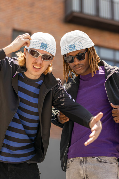 Fisherman Beanie Mockup of Two Men With Hip-Hop Styles Posing in the Street