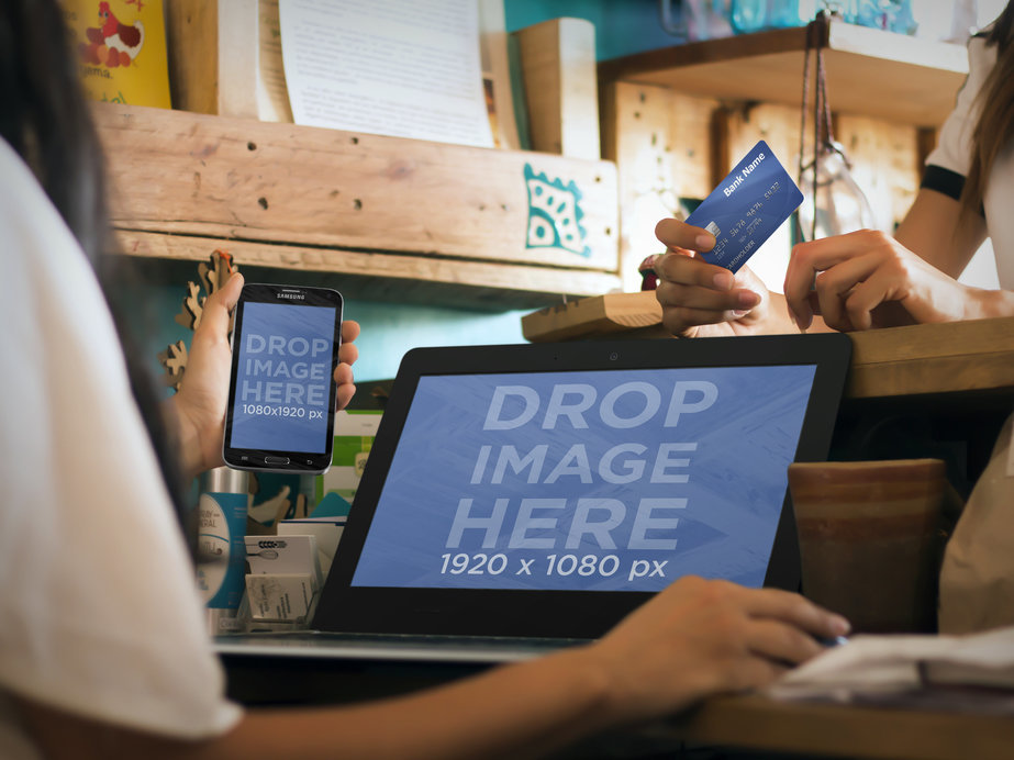 Sale Transaction at Artsy Shop Featuring a Galaxy S5 and Asus Laptop