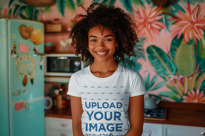 Mockup of an AI-Created Woman with Curly Hair Wearing a T-Shirt in Her Kitchen