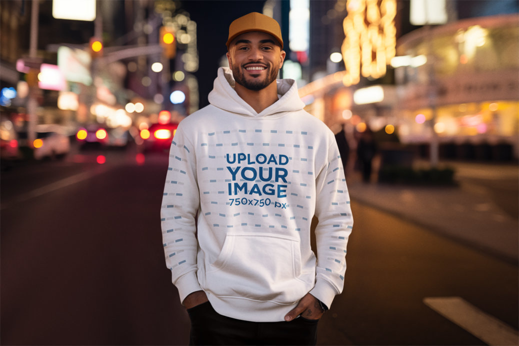 Pullover Hoodie Mockup of an AI-Generated Bearded Man Posing in the Street at Night