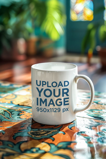 AI-Created Mockup of an 11 oz Coffee Mug Placed on a Colorful Surface m39911