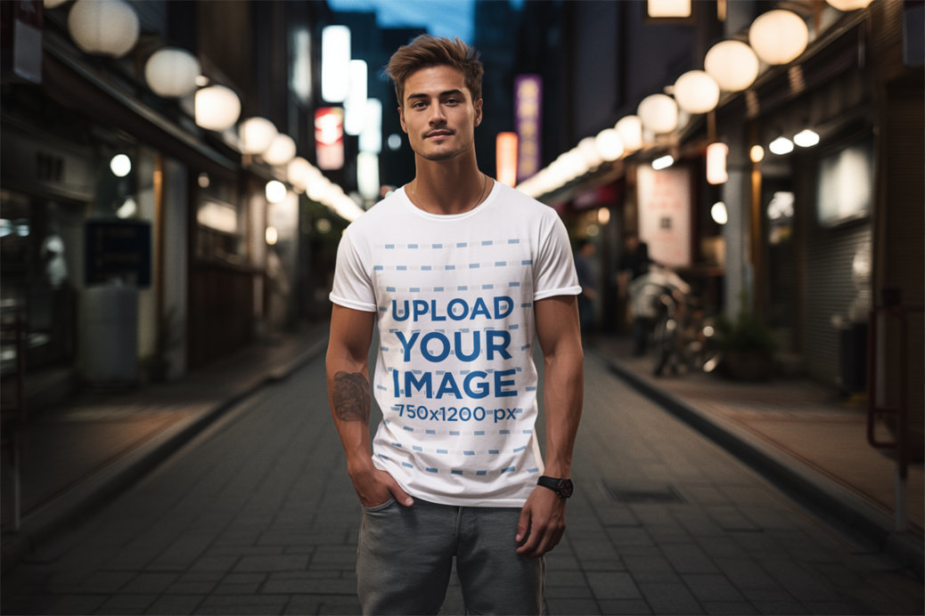 Round-Neck T-Shirt Mockup Featuring an AI-Generated Man Standing by the Street in the Night