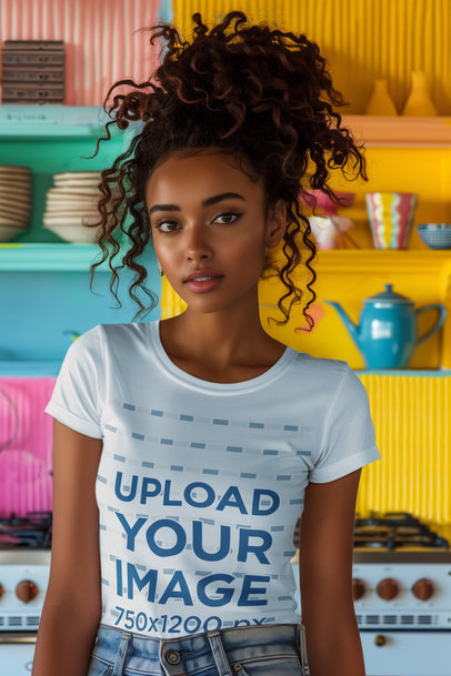 AI-Created Mockup of a Woman with Curly Hair Wearing a T-Shirt in a Colorful Kitchen