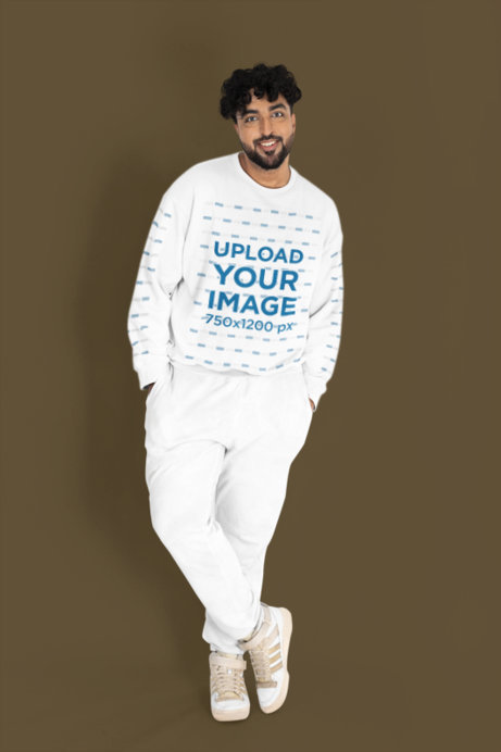 Mockup Featuring a Curly-Haired Man with a Beard Wearing a Sweatshirt