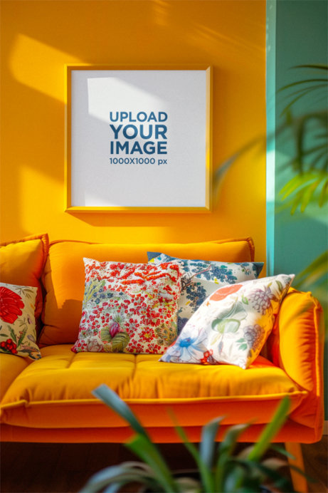 AI-Generated Mockup of a Squared Art Print in a Colorful Living Room