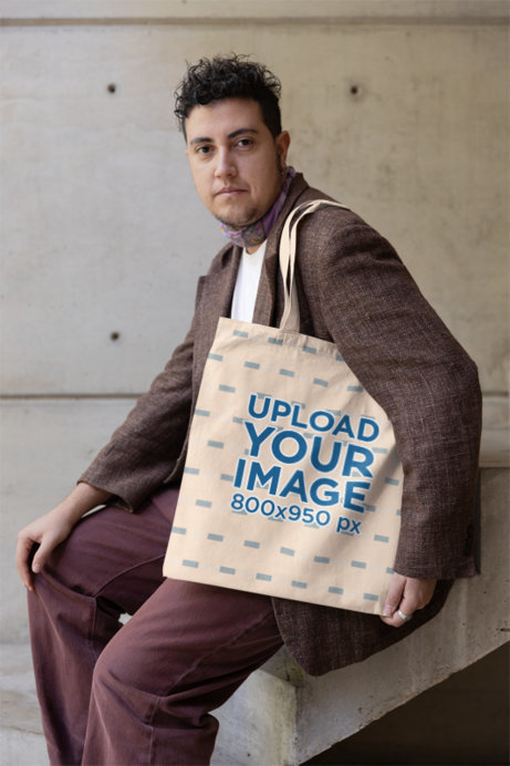 Mockup Featuring a Person Posing with a Sublimated Tote Bag