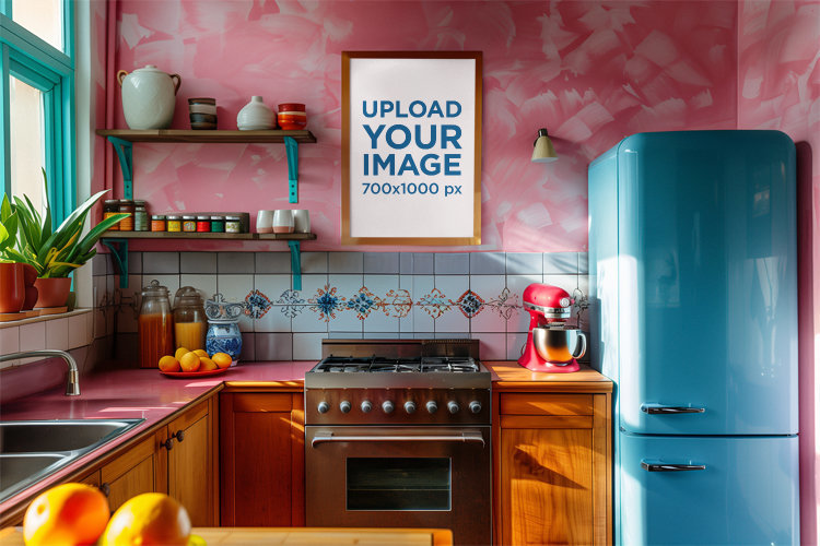 AI-Generated Mockup of a Vertical Art Print Placed in a Colorful Kitchen
