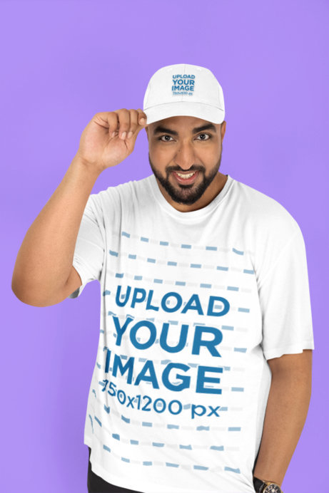 Mockup of a Smiling Man with a Beard Wearing a Plus Size Tee and a Dad Hat