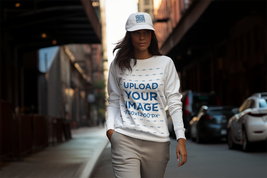 Dad Hat and Sweatshirt Mockup of an AI-Generated Woman Walking by the Street