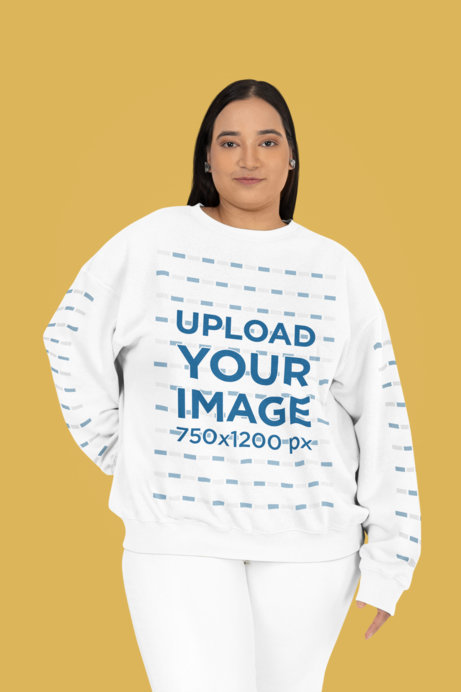 Crewneck Sweatshirt Mockup of a Woman Against a Colorful Backdrop Posing With a Smile