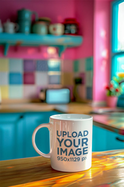 Mockup of an AI-Generated Coffee Mug on a Wooden Kitchen Counter
