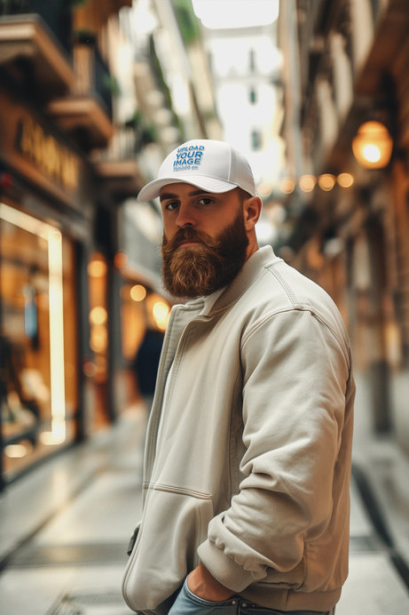 Dad Hat Mockup Featuring an AI-Created Bearded Man With an Old Money Fashion Style
